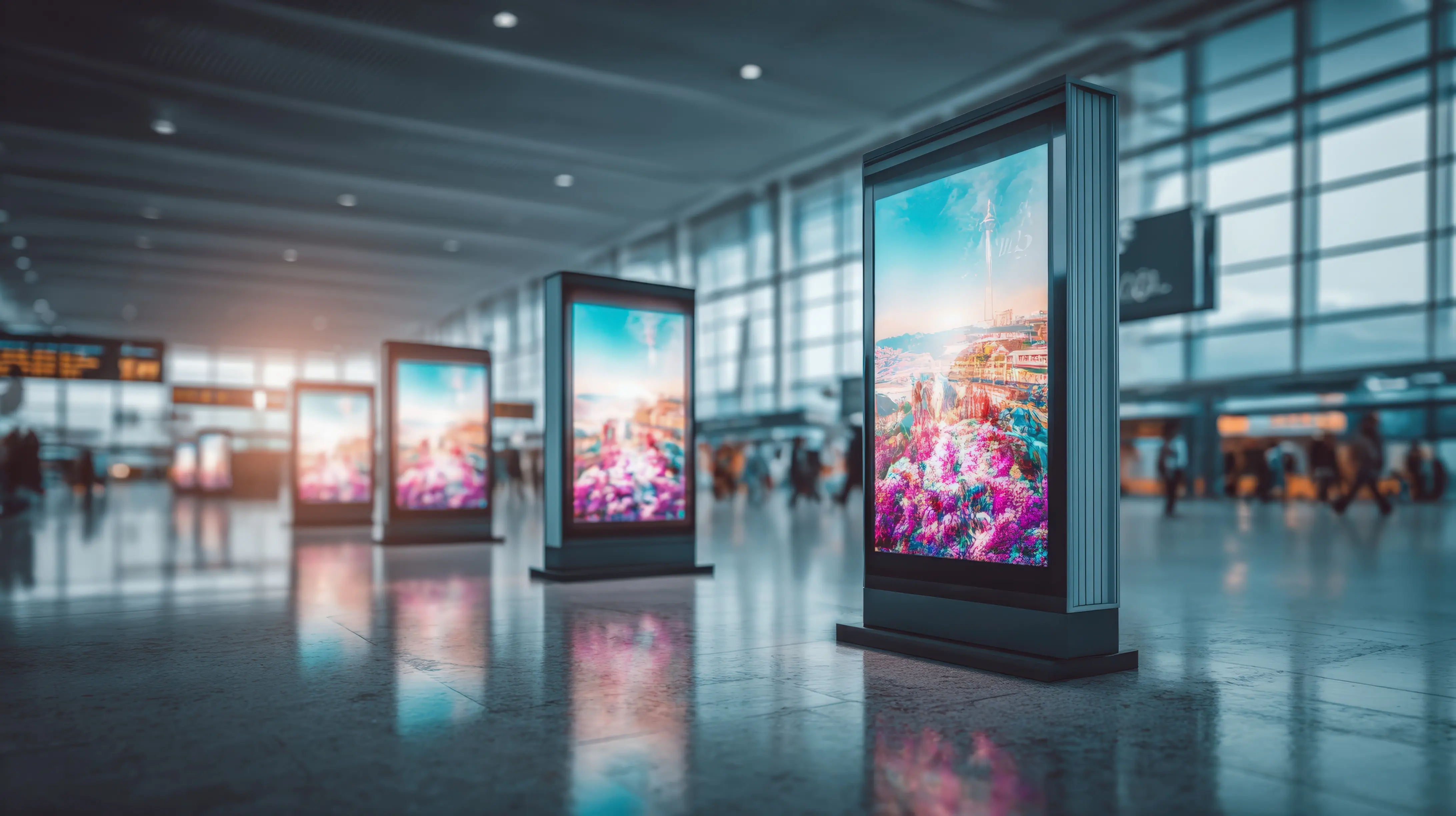 Digital signage installed in an airport concourse.