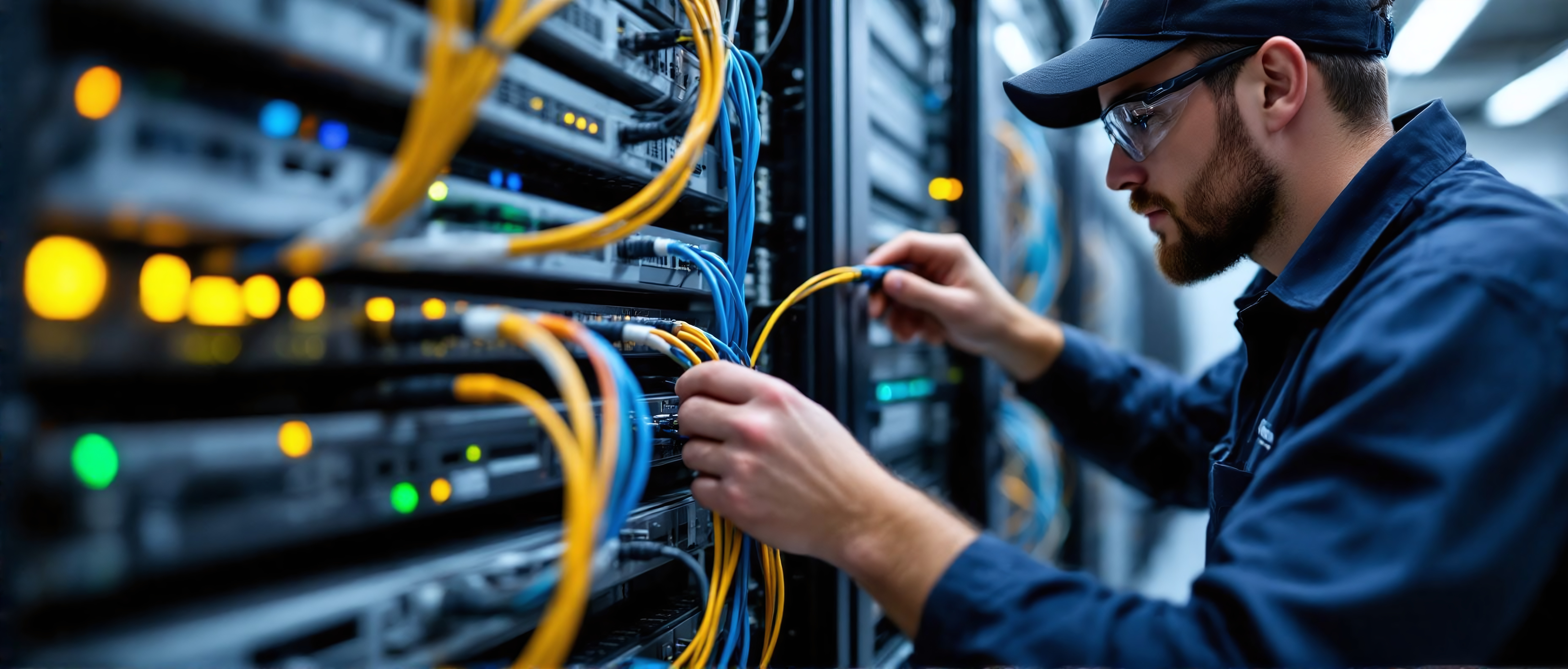 Lume Technologies field technician managing network cabling inside a data center.