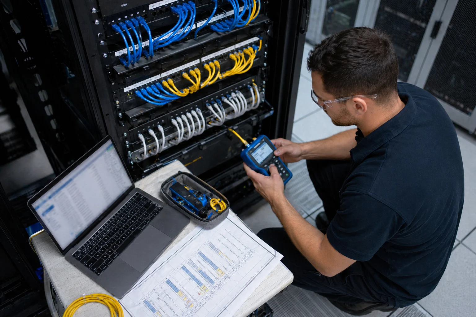 Technician testing structured cabling with organized closeout records.