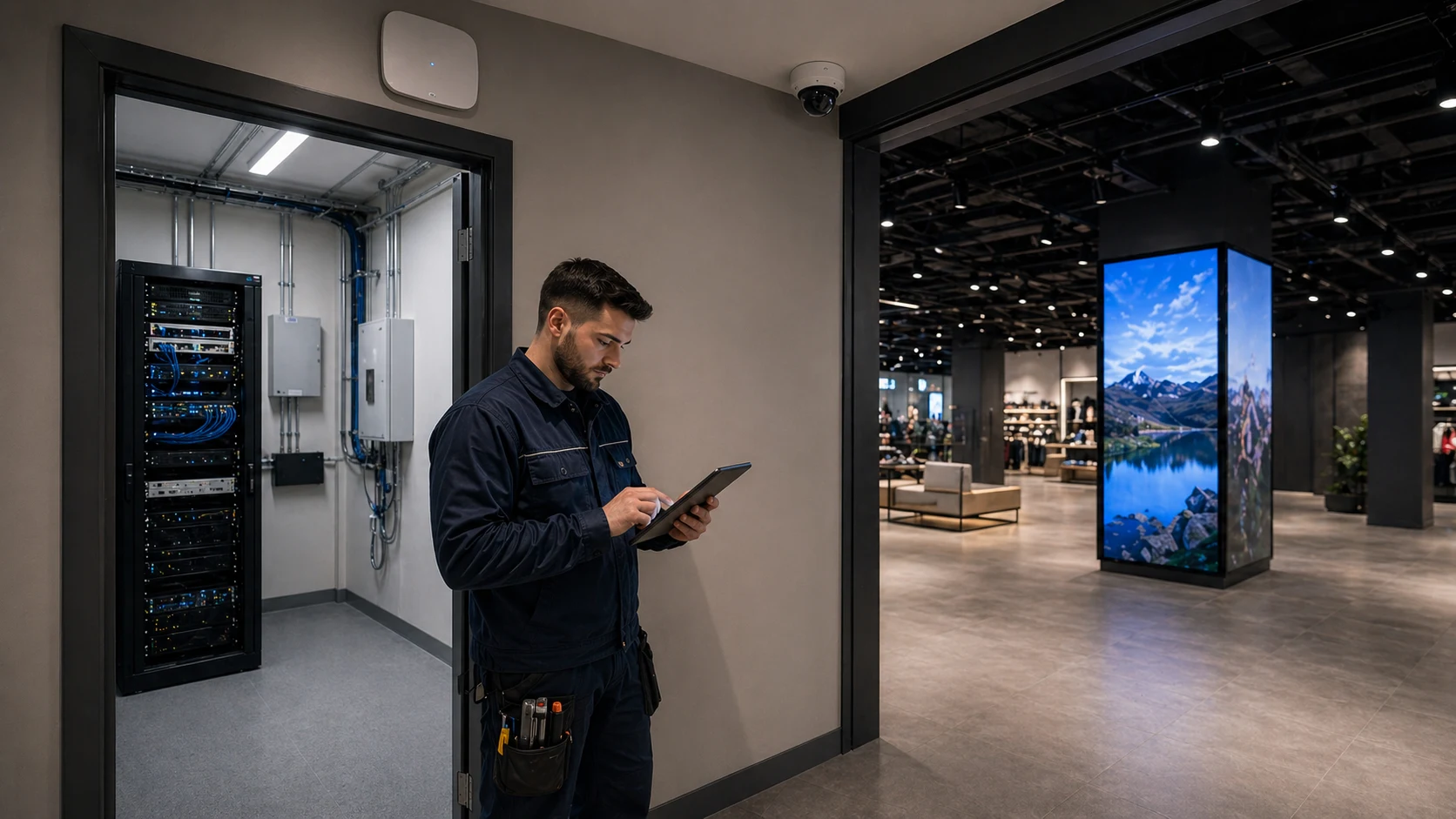 Technician working beside organized commercial network cabling.