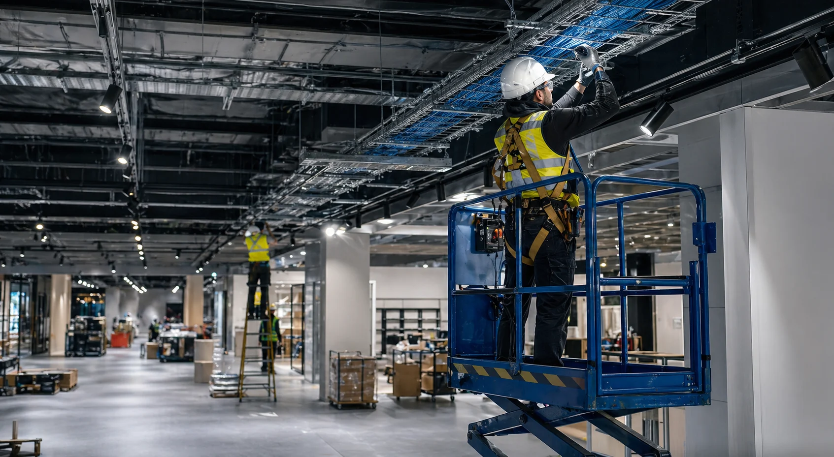 Technicians installing low-voltage cable pathways in a commercial rollout environment.