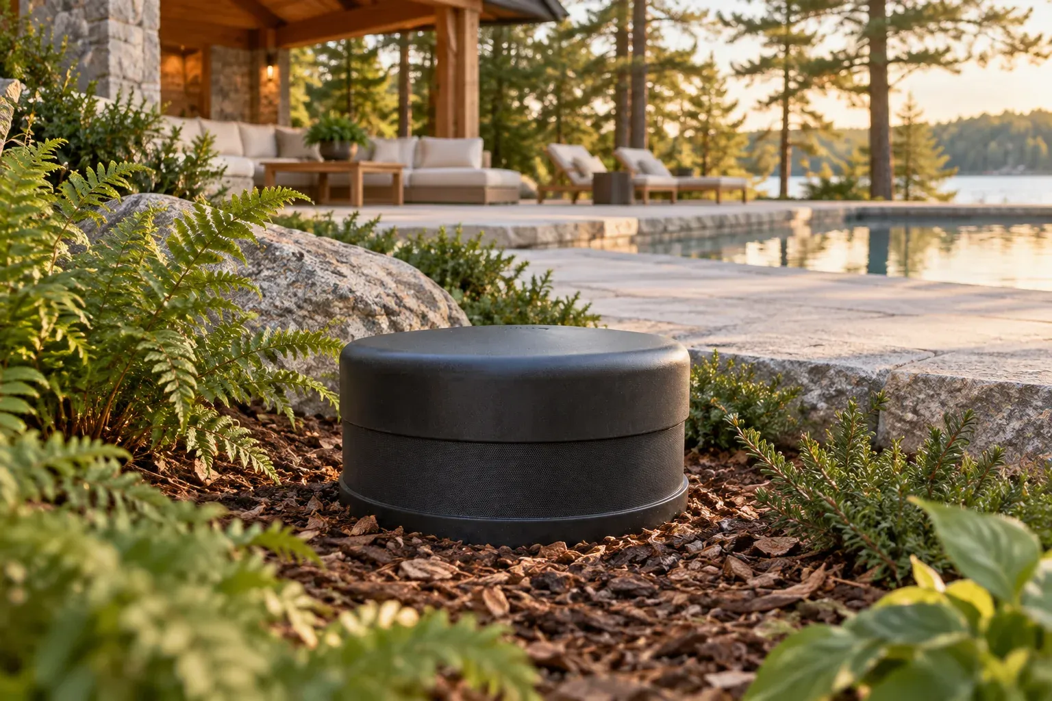 A low black SubTerrain-style sound port above a Muskoka garden bed, with the subwoofer enclosure concealed below ground; installation concept