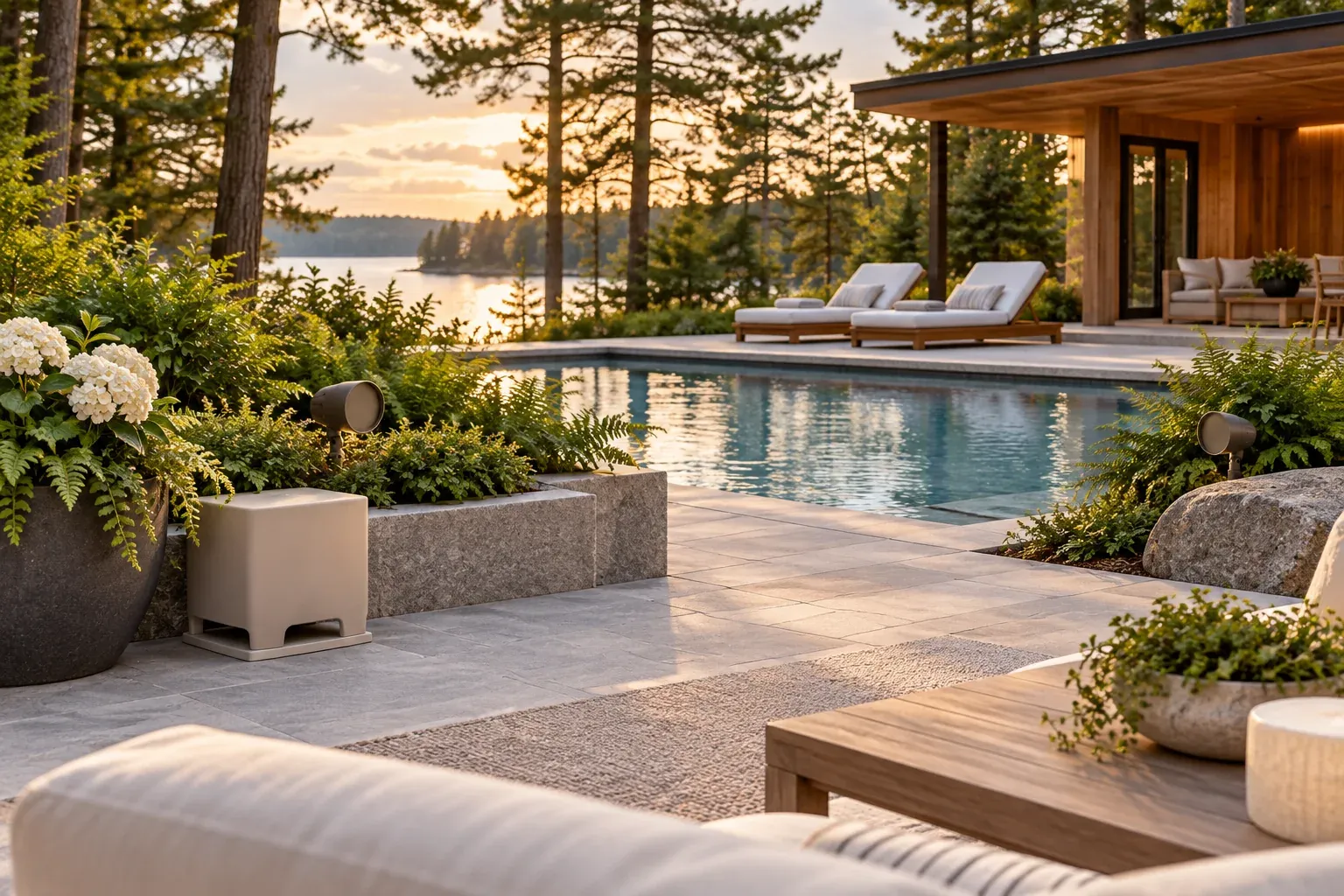 TruAudio-style AcoustiScape speakers in planting and a tan Hardscape subwoofer beside a granite pool terrace at a cedar Muskoka home; architectural concept