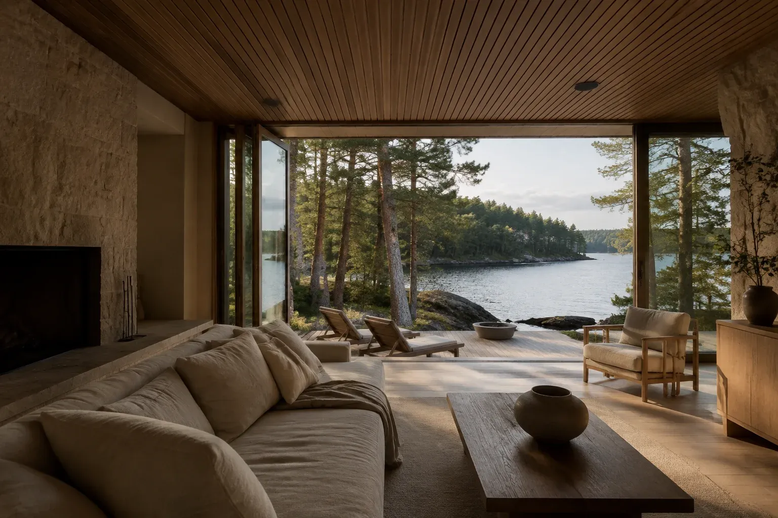 Muskoka-inspired lakeside living room opening onto a quiet terrace; architectural concept
