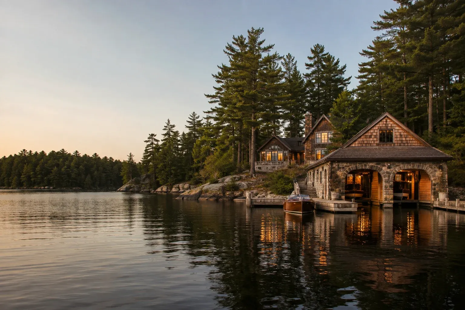 Muskoka-inspired cedar and granite boathouse beside a pine-lined lake at dusk; architectural concept