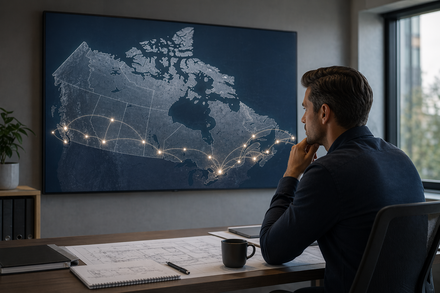 Project lead reviewing a Canada coverage map for coordinated multi-site rollout planning.