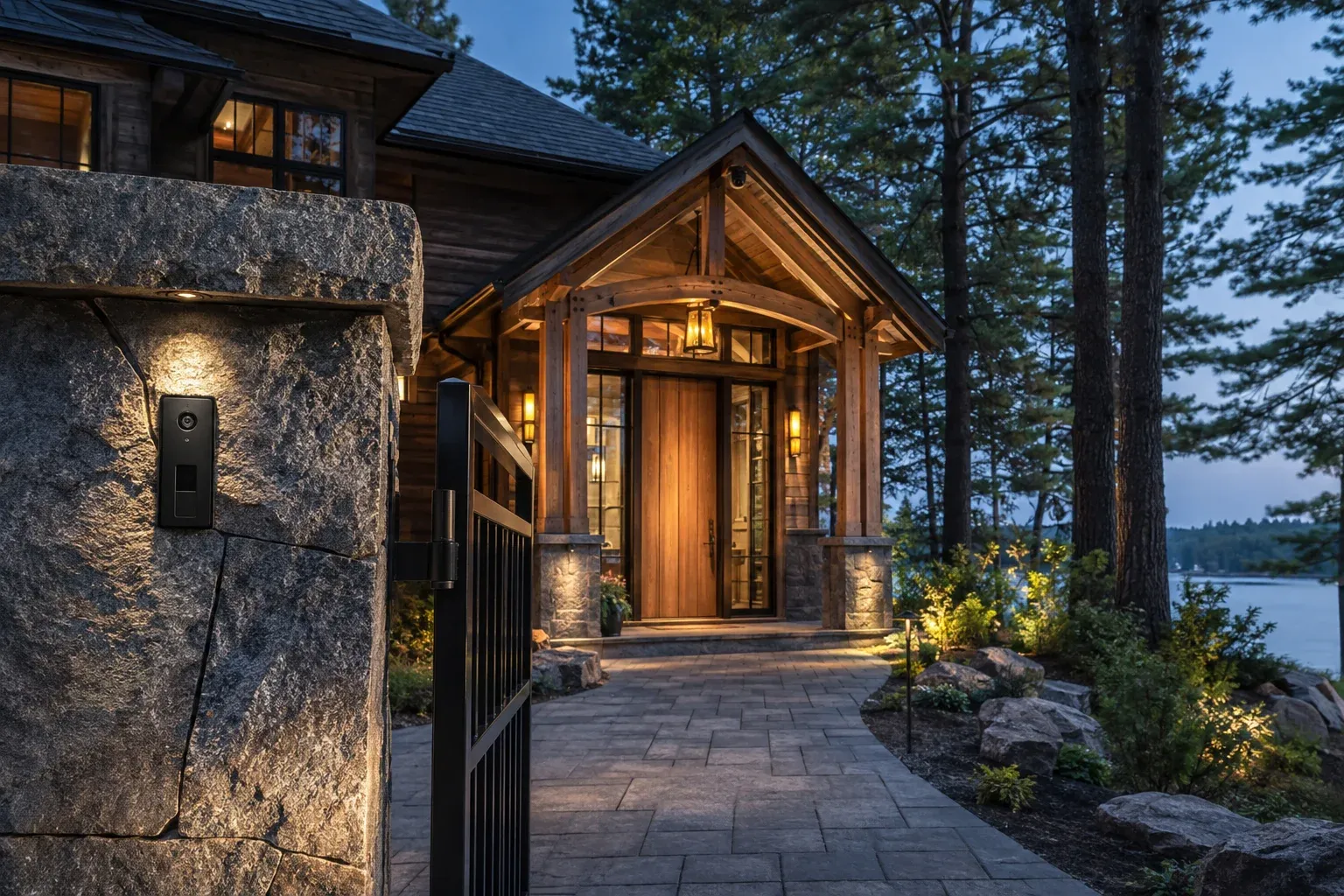 Concept of a Muskoka home's stone entry with a discreet video intercom and camera under the cedar portico