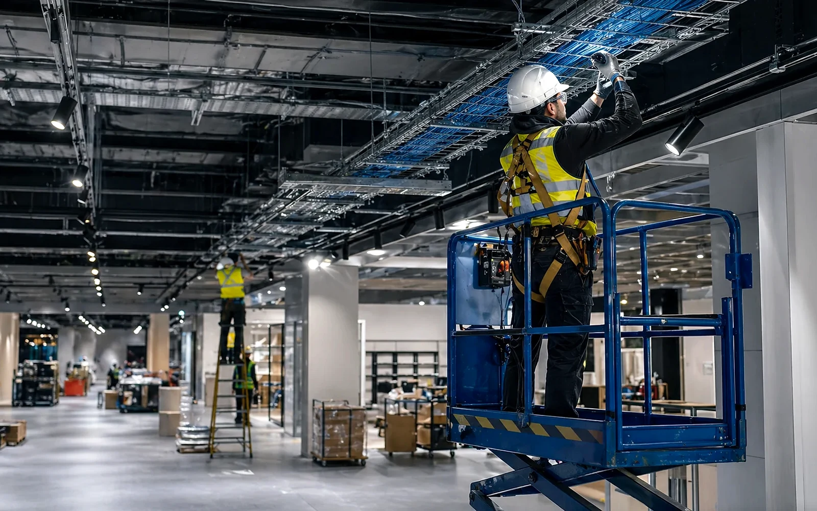 Technicians installing blue network cabling from lifts inside a commercial space.