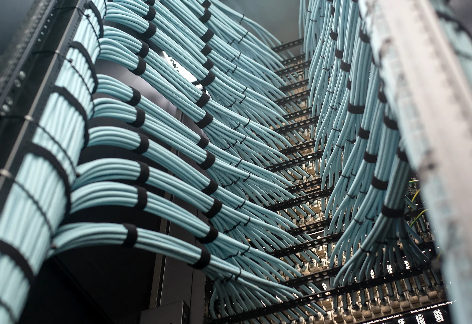 Organized commercial cable management prepared for future service work.