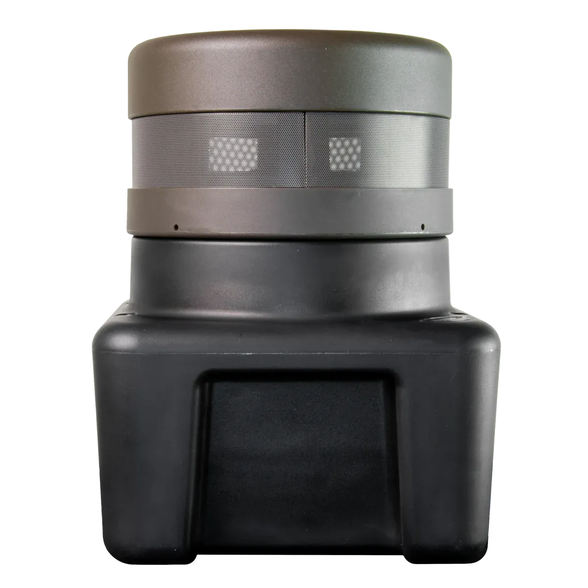 TruAudio SubTerrain PRO before installation, showing the full lower enclosure that is buried and the circular sound port above it